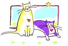 Friend Cats, one of several prints of pen/colored wash drawings by Paula Zima