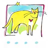 Happy Yellow Cat, one of several prints of pen/colored wash drawings by Paula Zima