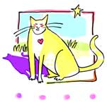 Large Yellow Cat With Shadow, one of several prints of pen/colored wash drawings by Paula Zima