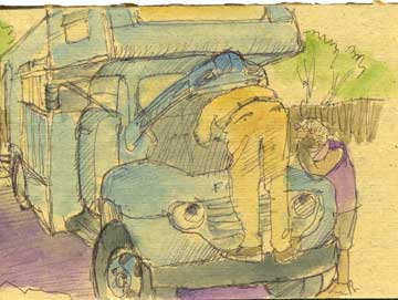Big Blue, getting carburator adjusted in Arizona
