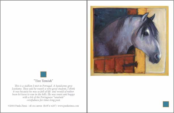 Greeting card, Tire Temish, oil painting of Lusitano Stallion in Portugal by Paula Zima