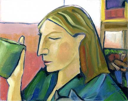 Woman With Coffee Mug, small painting by Paula Zima
